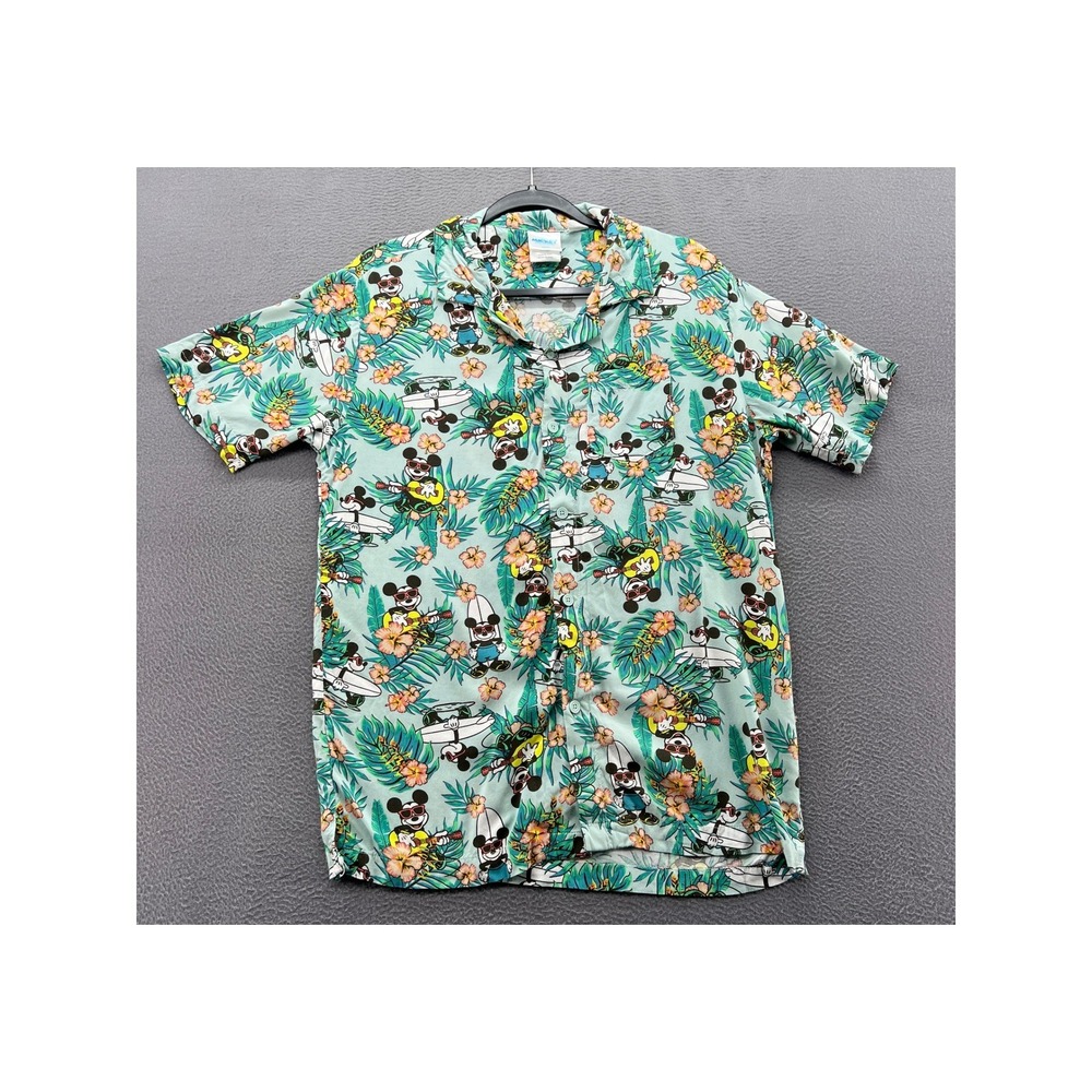 Disney Mickey Mouse Hawaiian Shirt Mens Small Teal Tropical Rayon Mad Engine